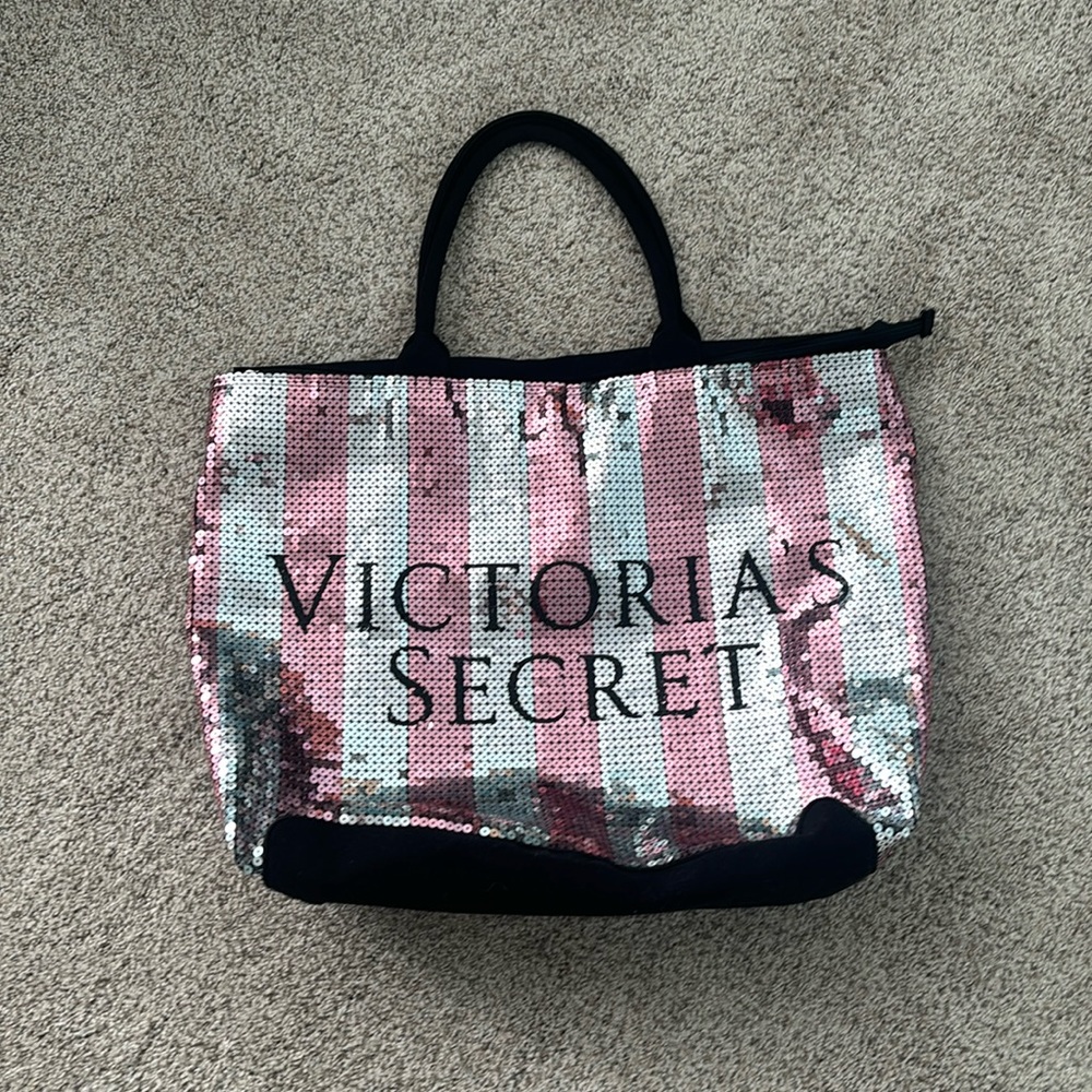 Victoria secrets tote. Sequins pink and silver with black cotton back